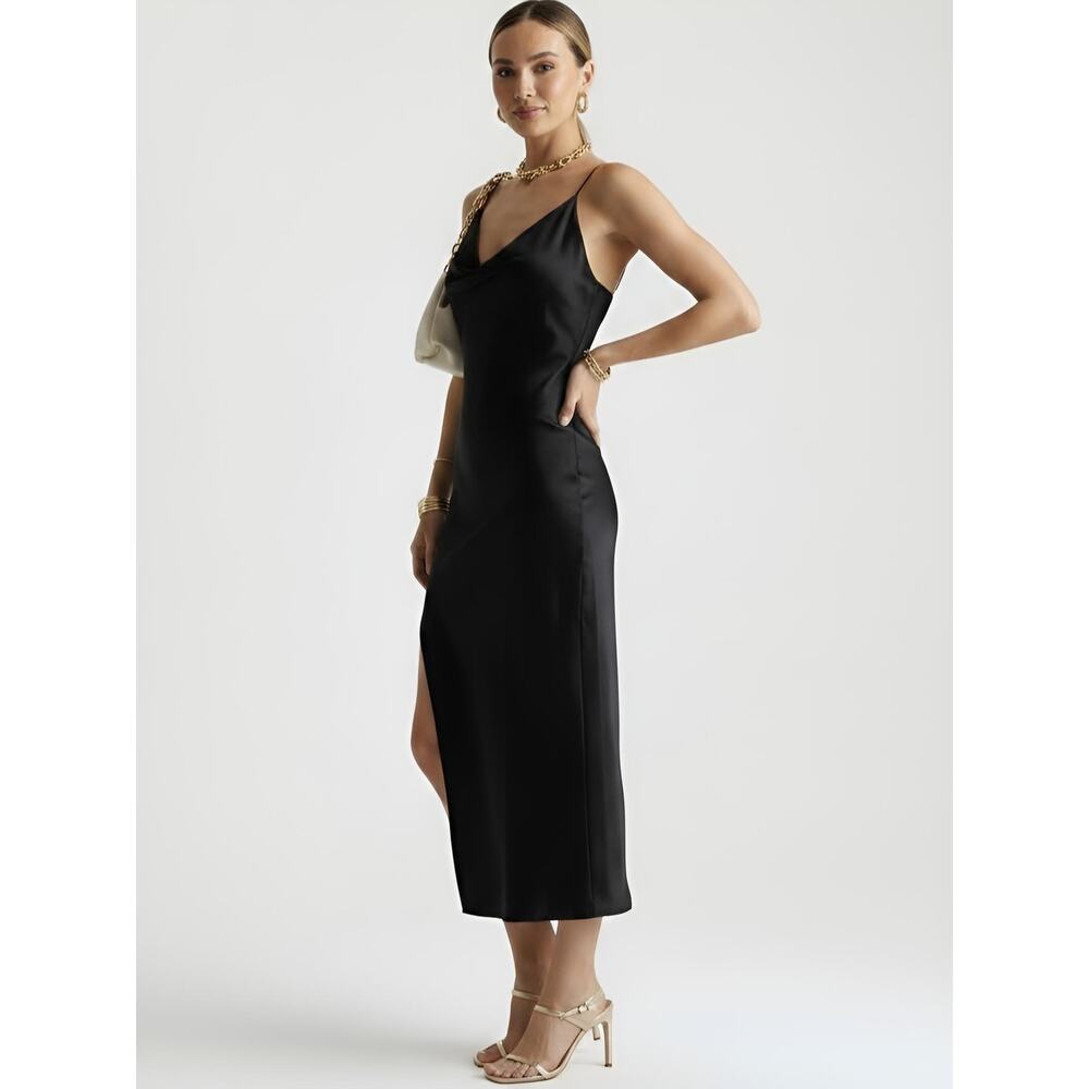 Zara Ruched Side Satin Effect Slip Dress Black XS NWT - Picture 3 of 11